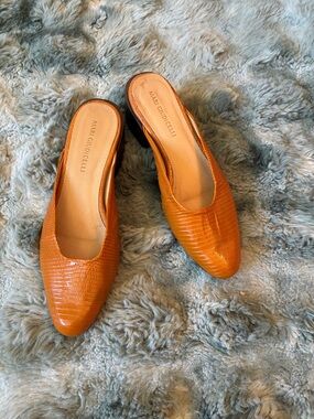 Mari Giudicelli Orange Croc-Embossed Slip-On Mules